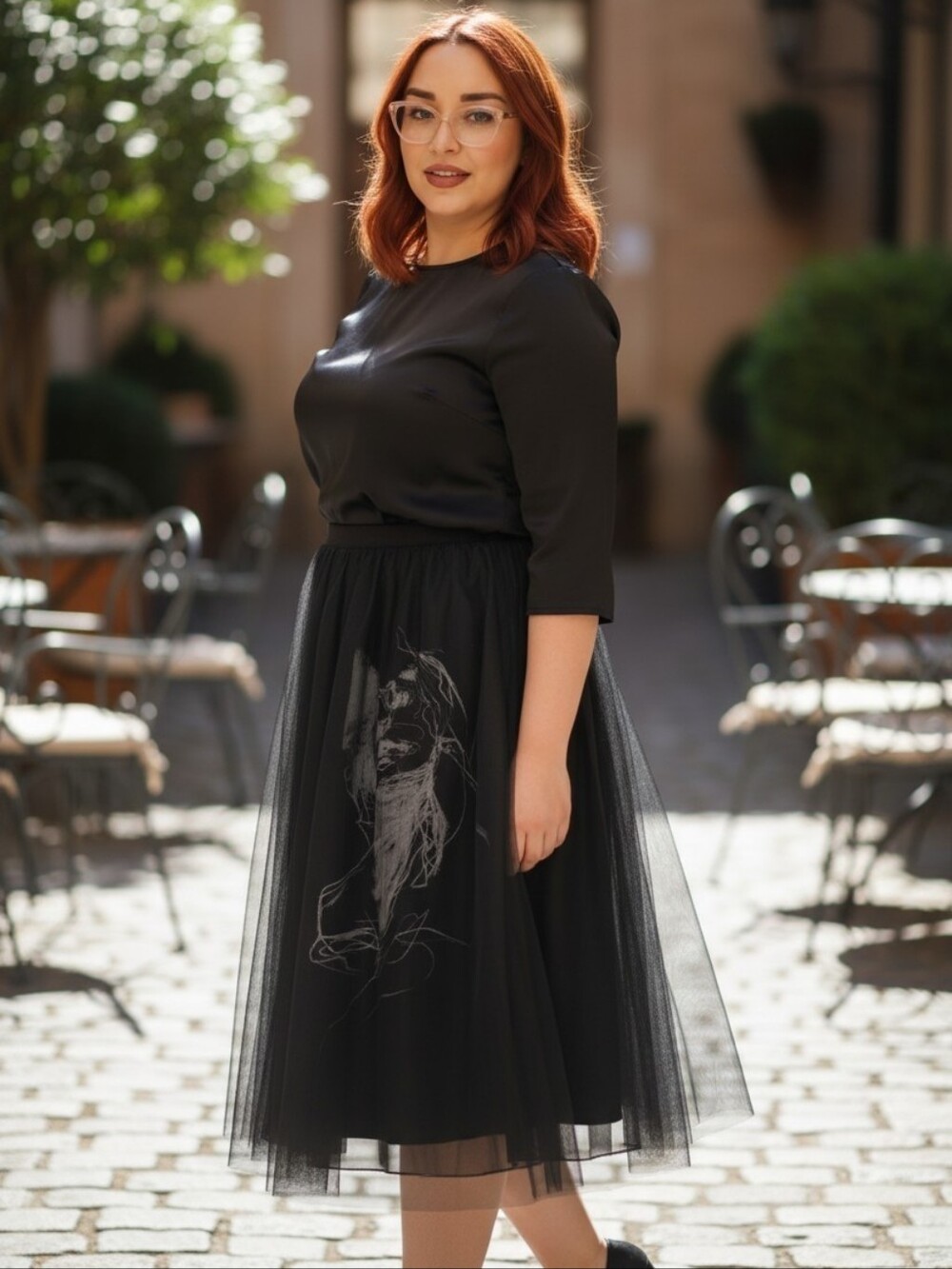 Chic Black Tulle Skirt with Graphic Design